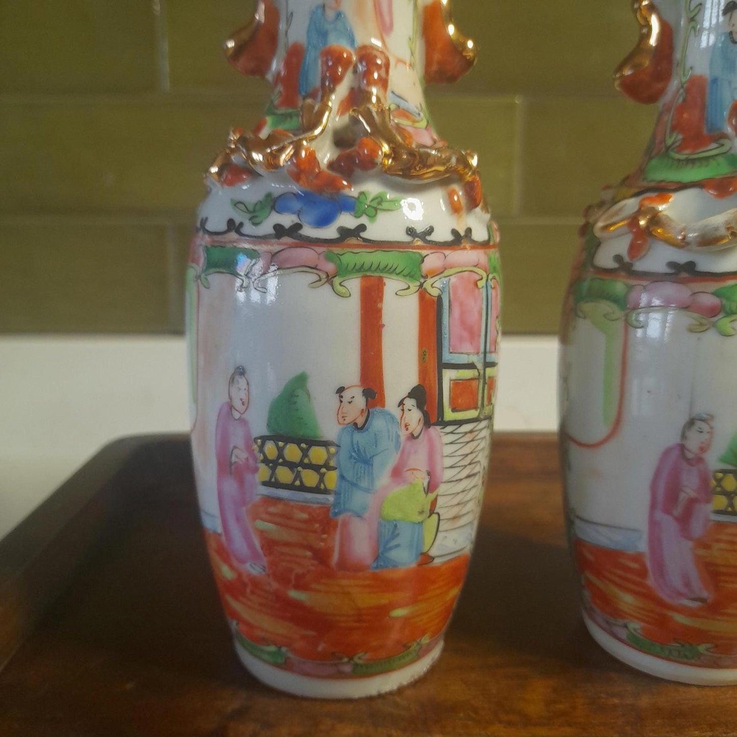 Chinese Famille Rose pair of vases - 20cm tall