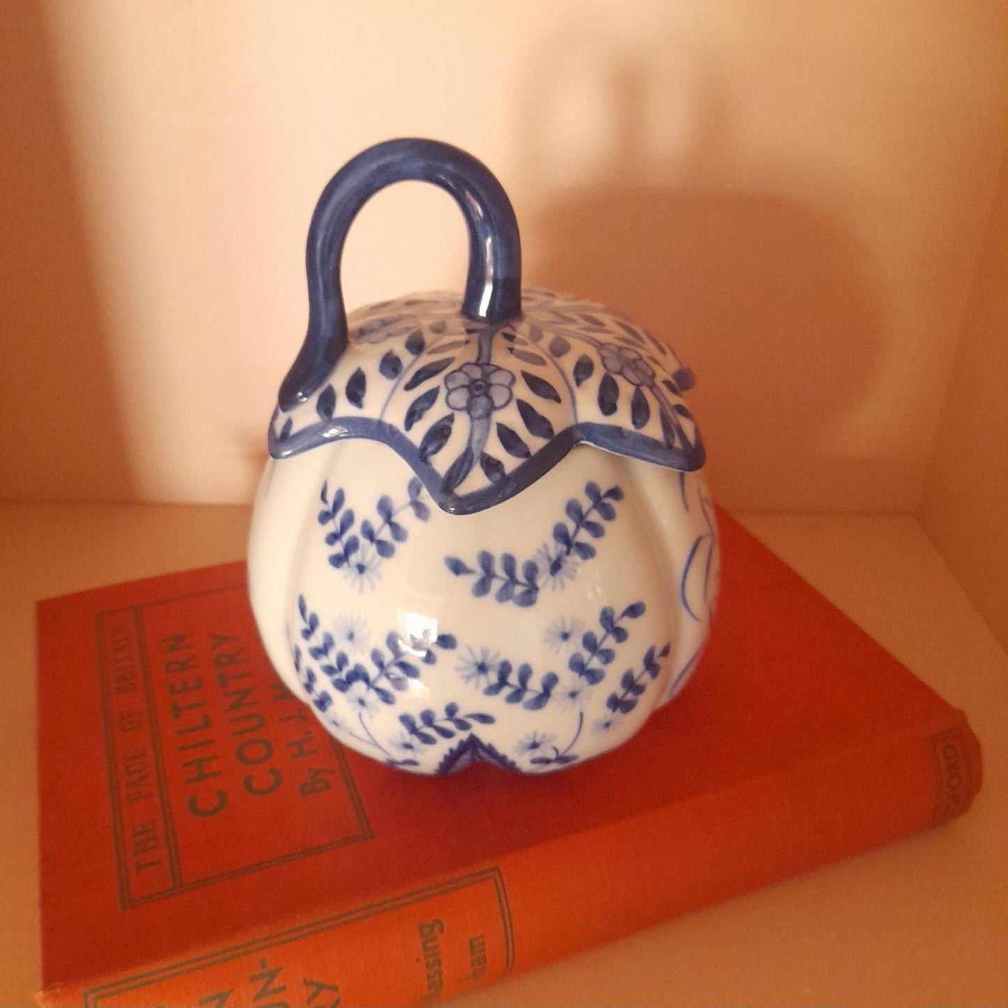 Blue and white floral lidded pumpkin pot