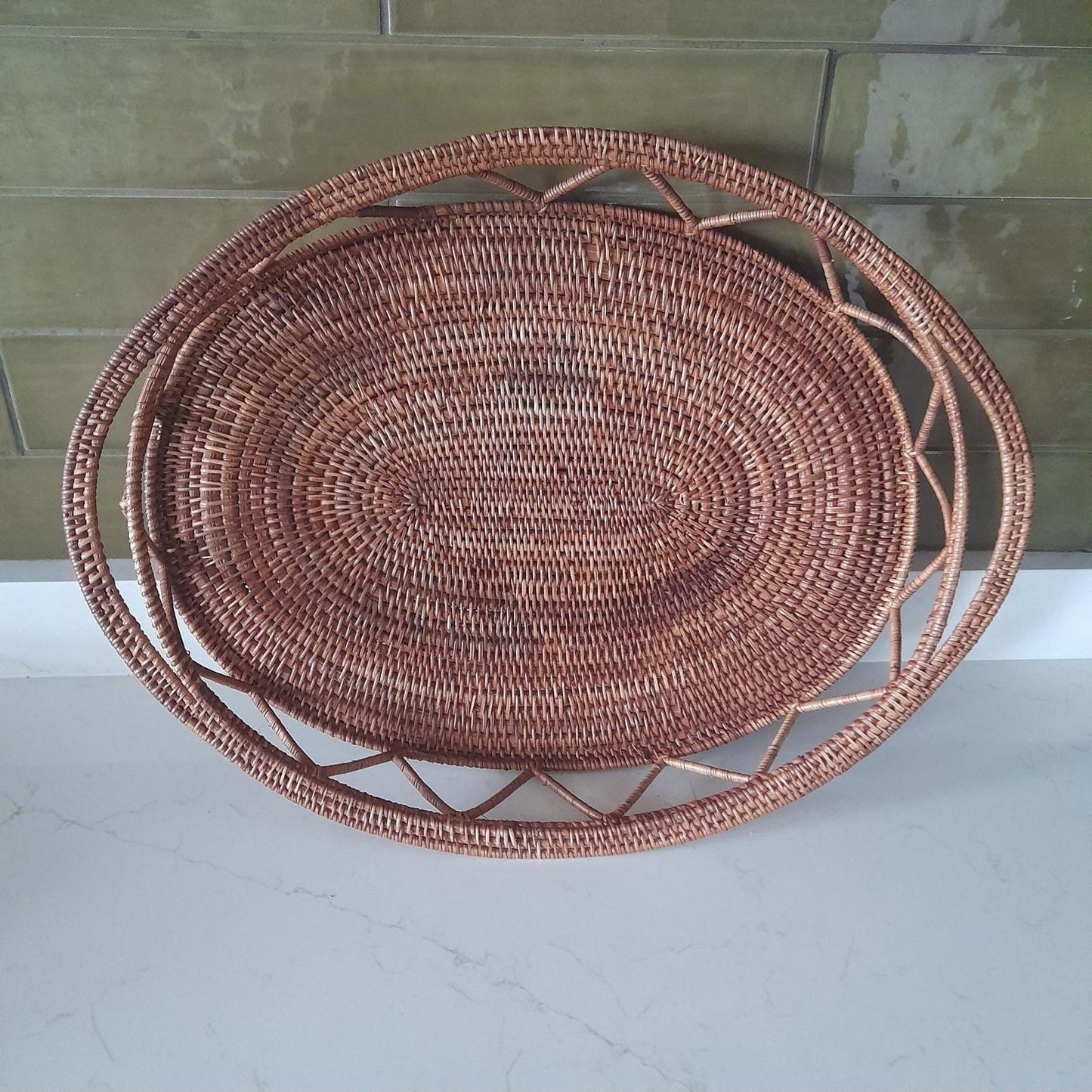 Hand woven wicker oval tray with handles