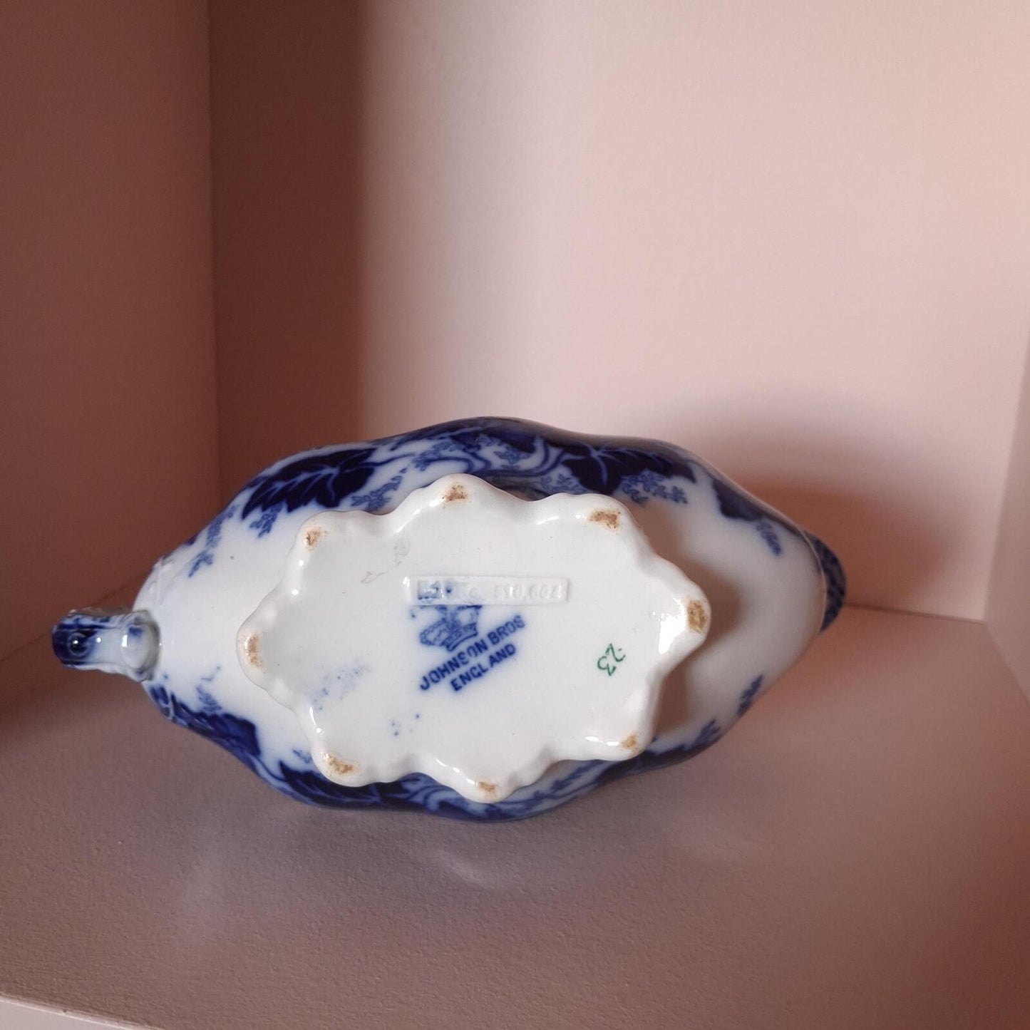 Antique flow blue Johnson Bros 'Fulton' pattern gravy boat
