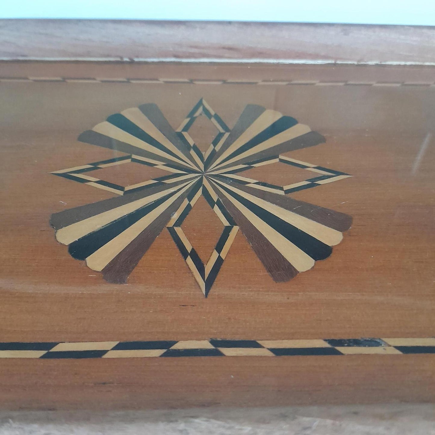 A vintage rectangular marquetry design serving tray
