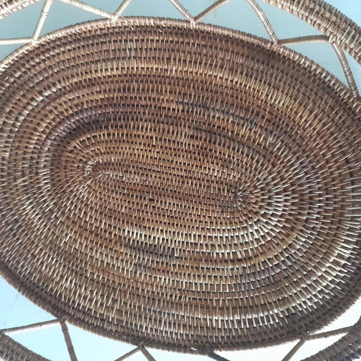 Hand woven wicker oval tray with handles