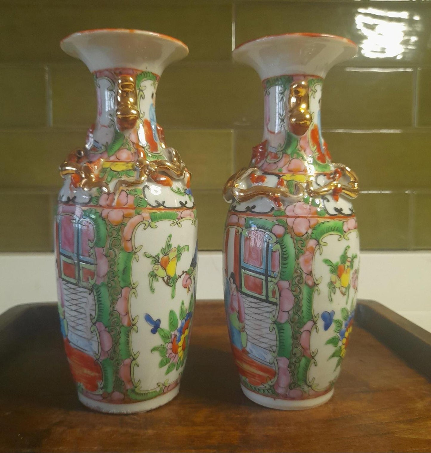 Chinese Famille Rose pair of vases - 20cm tall