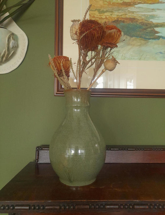 Prinknash green pottery vase 8.5" tall