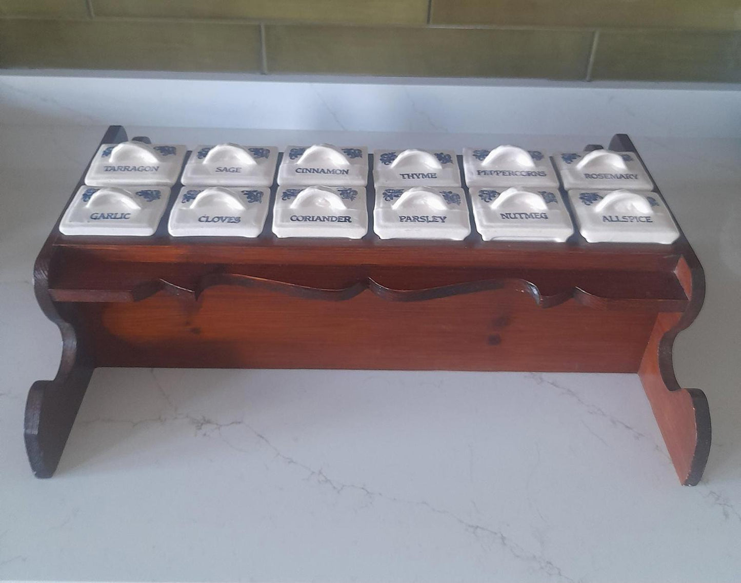 Vintage wooden spice rack with 12 ceramic drawers