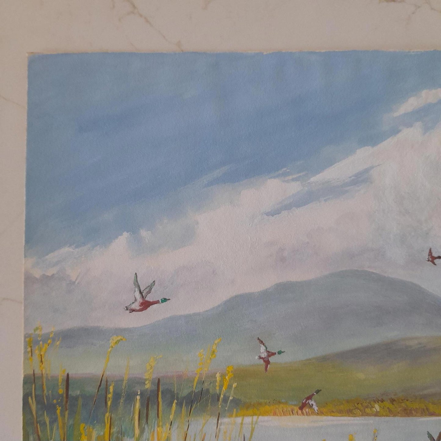 An original painting of mallard ducks in flight by the artist A F Akehurst.