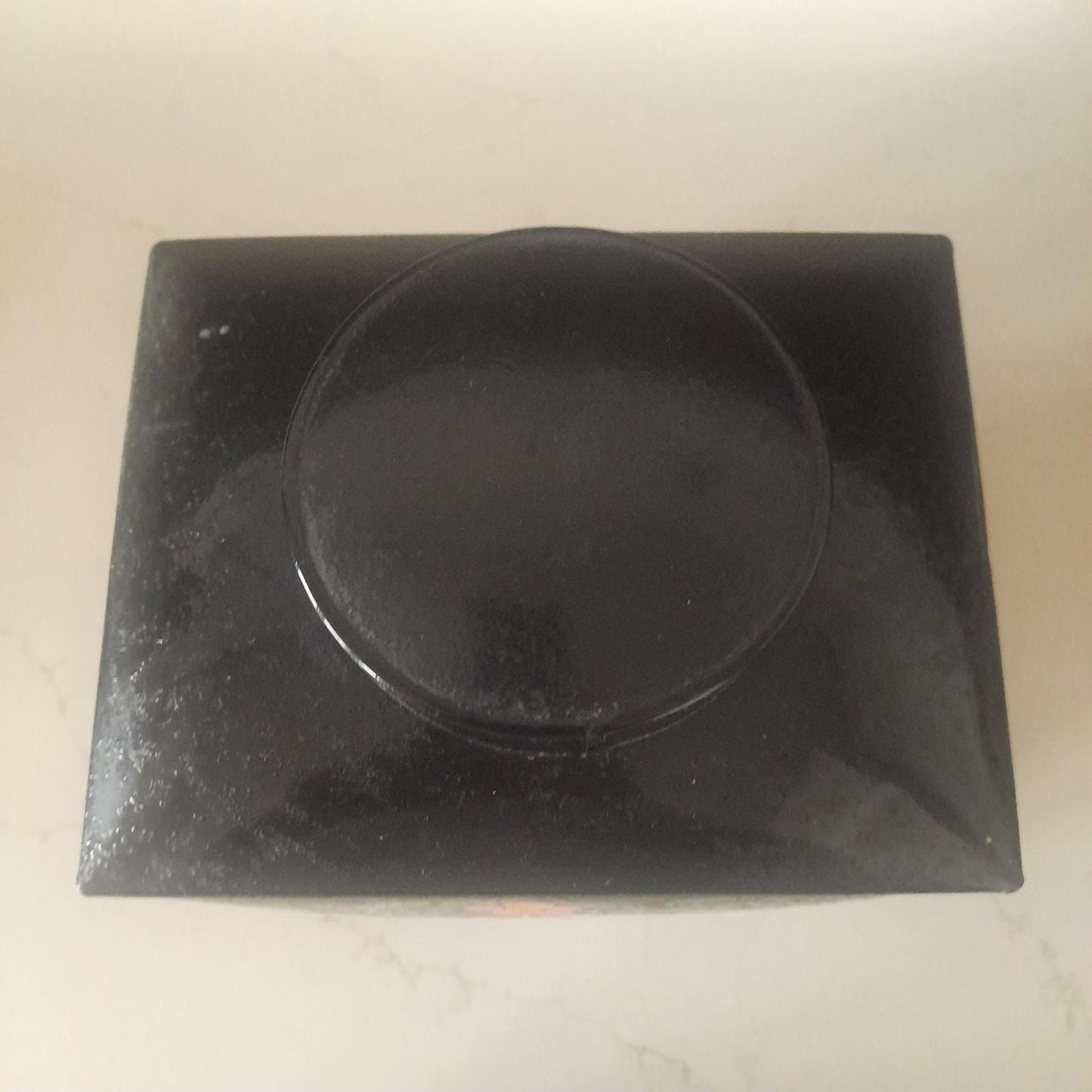 Large metal lidded tin with black lacquered finish hand painted flowers