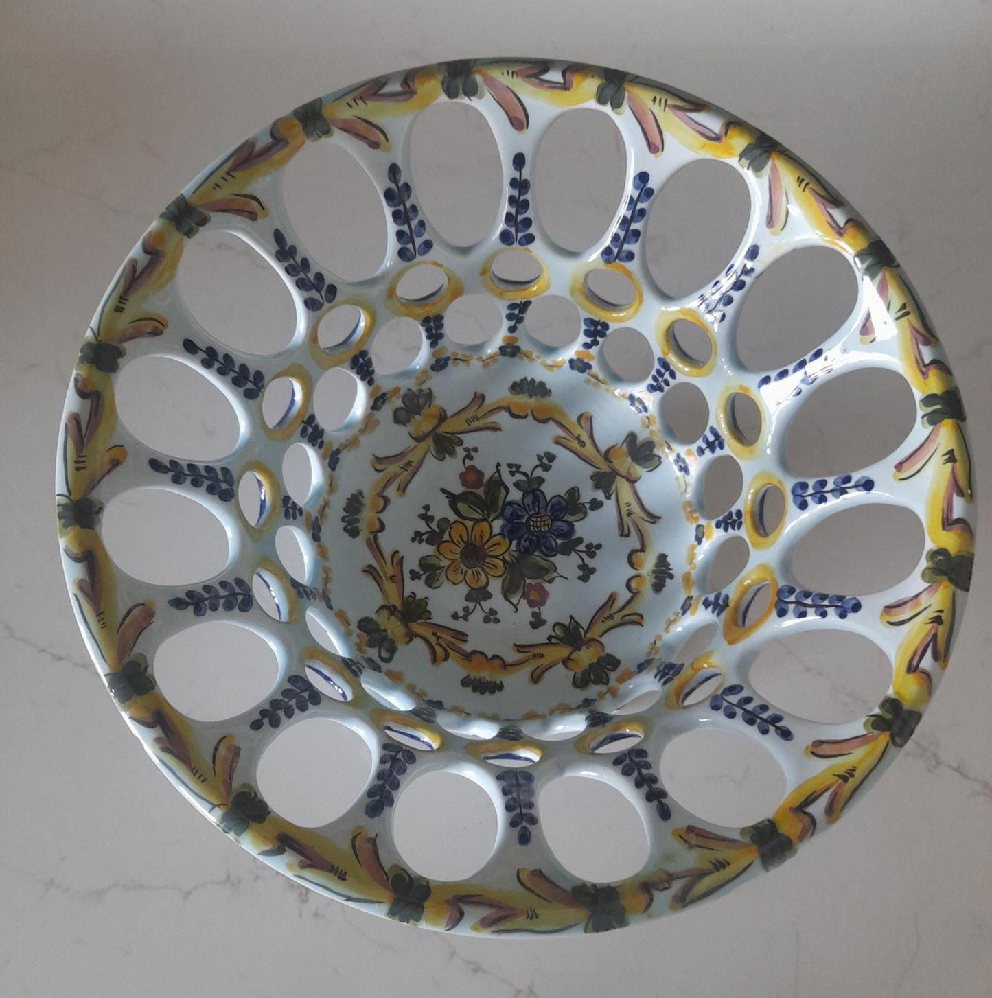 Portuguese ceramic fruit bowl on a pedestal base