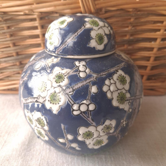 Dark blue floral ginger jar