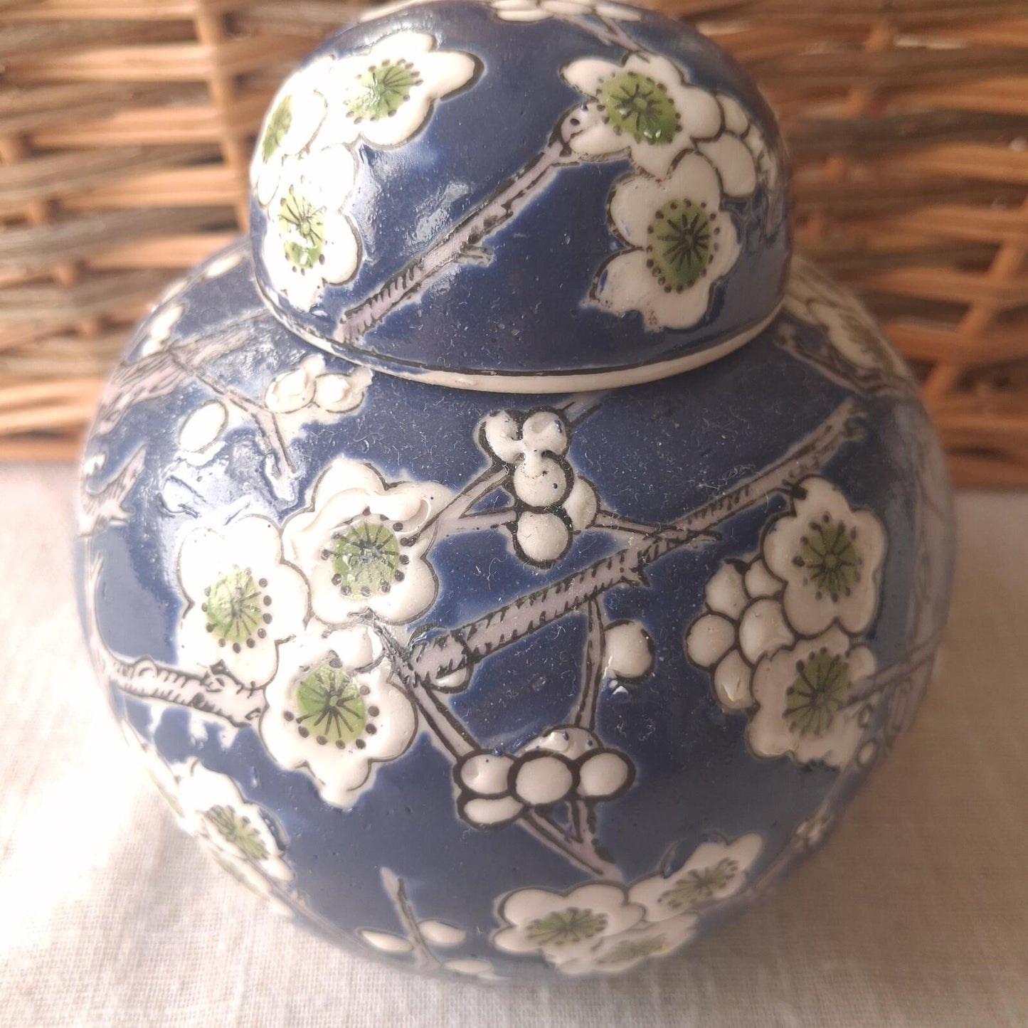 Dark blue floral ginger jar