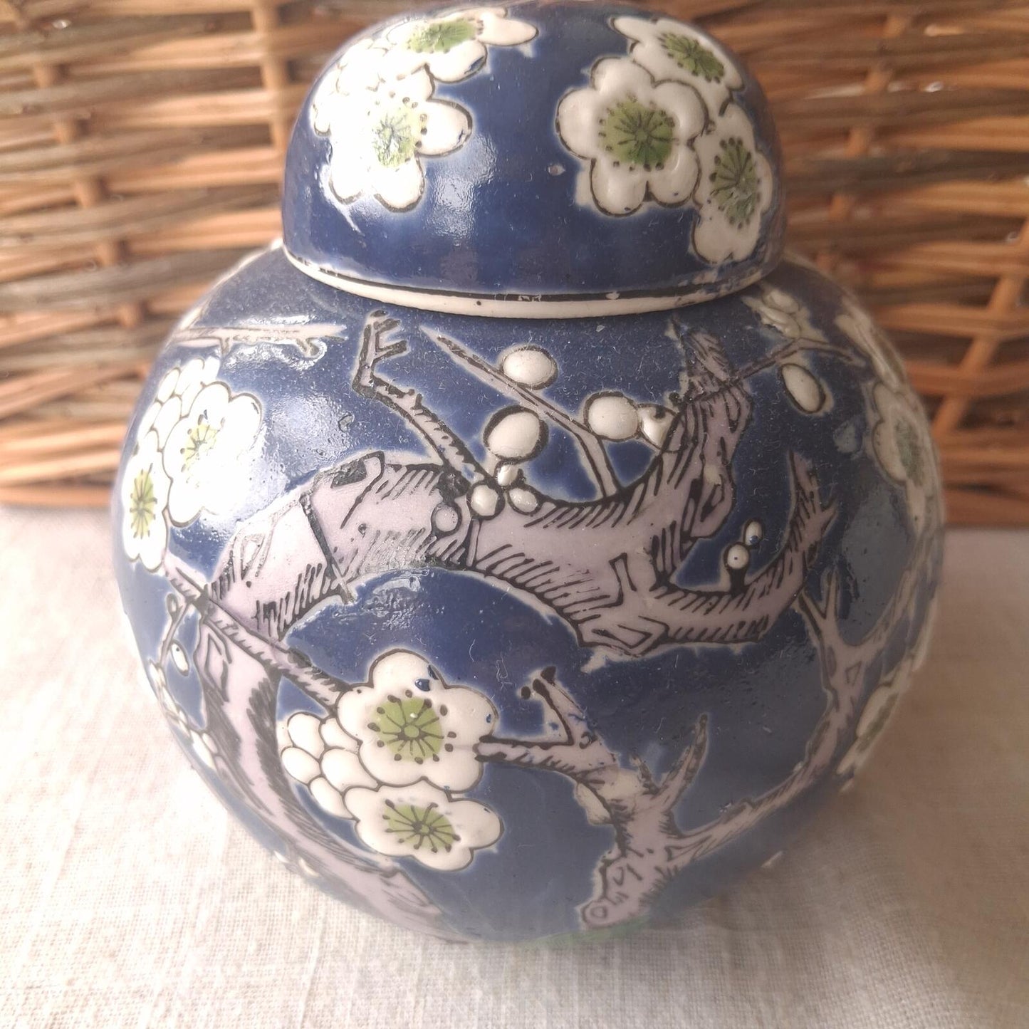 Dark blue floral ginger jar
