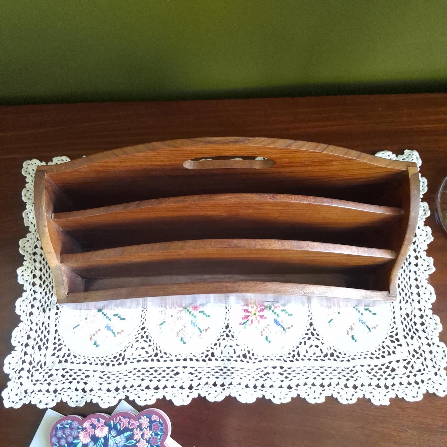 Wooden letter holder with floral brass inlay