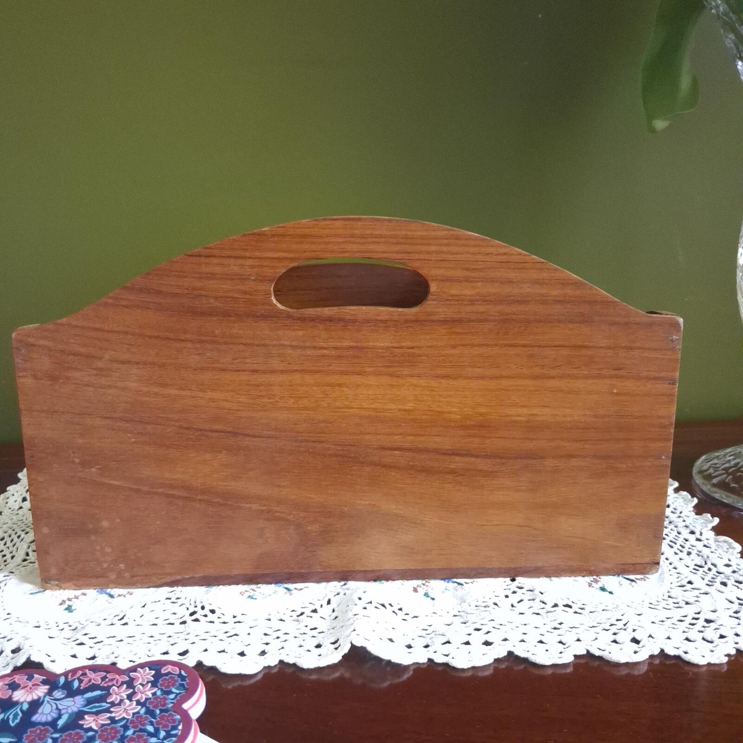 Wooden letter holder with floral brass inlay
