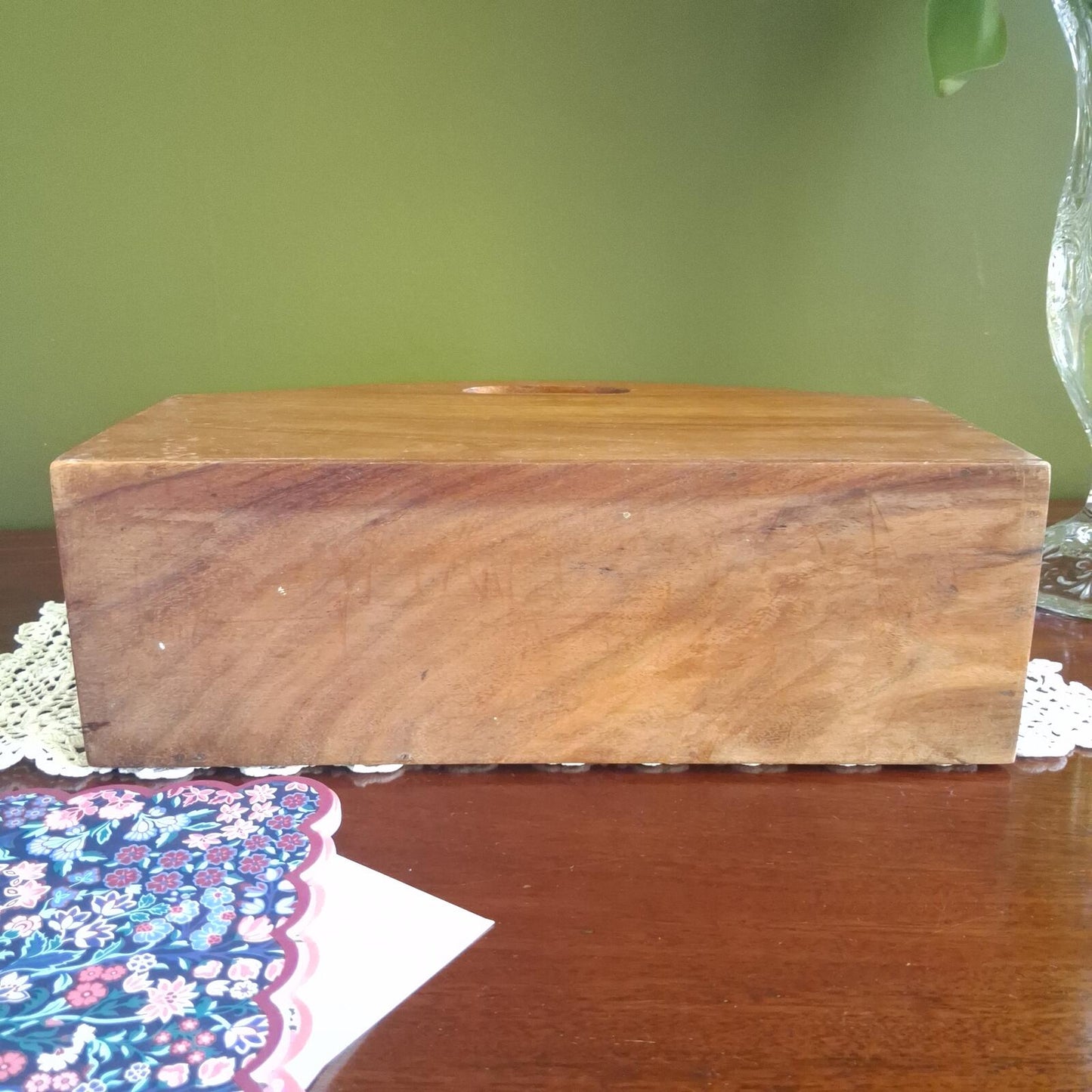 Wooden letter holder with floral brass inlay