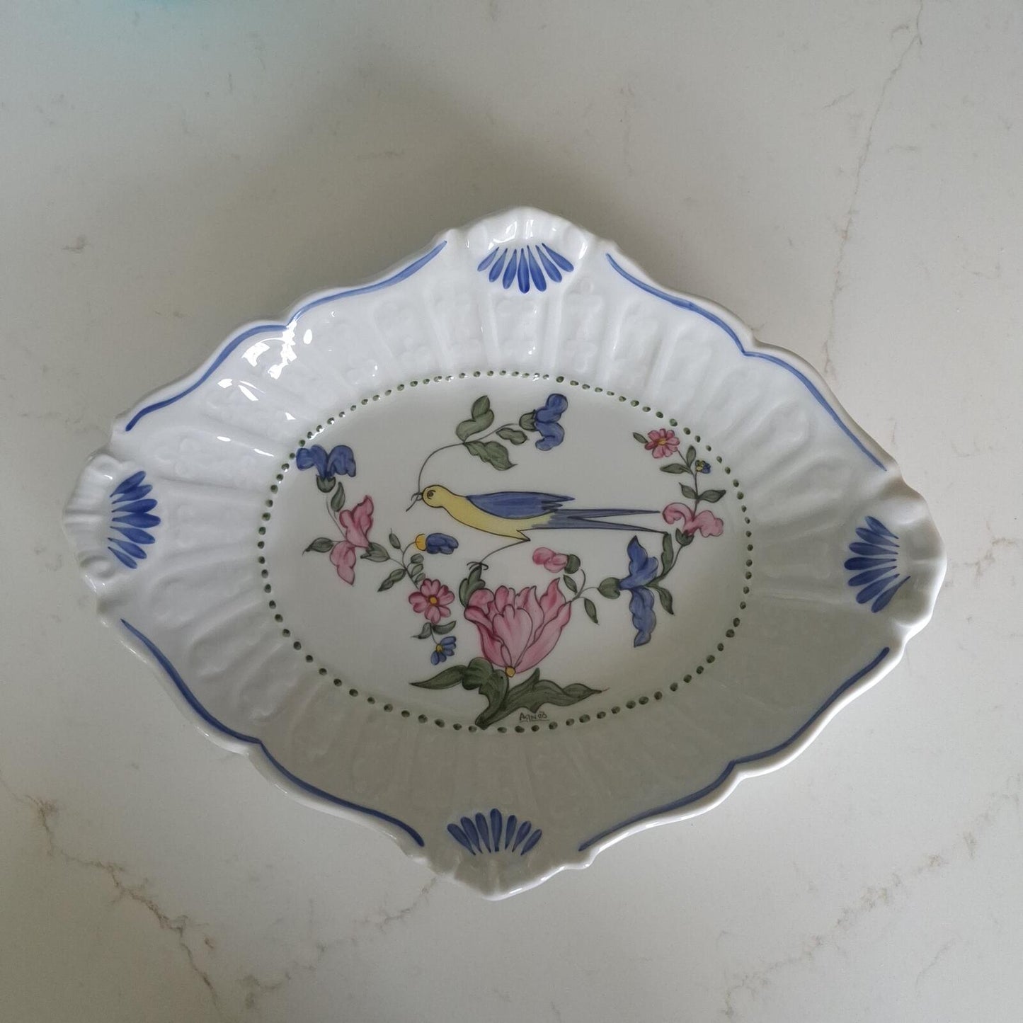 Apilco France "Salins" Hand-Painted Bird Porcelain Compote Dish