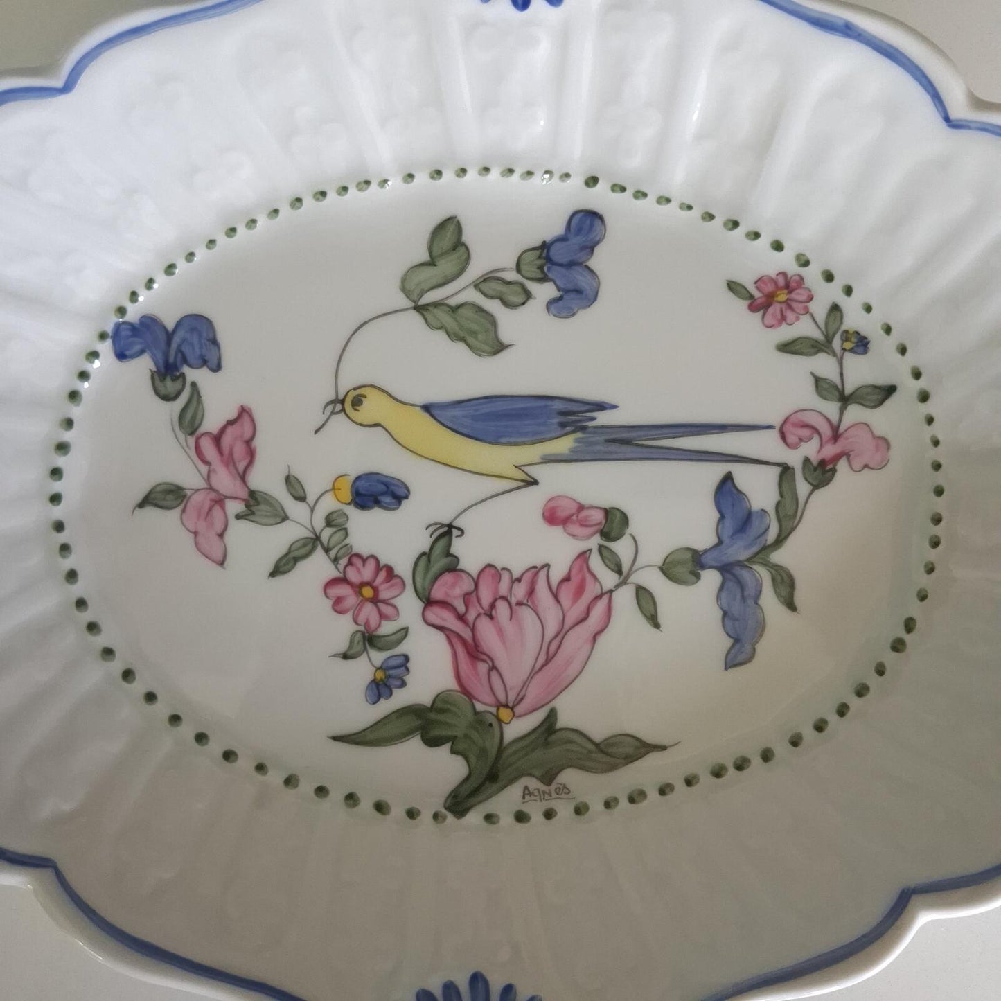 Apilco France "Salins" Hand-Painted Bird Porcelain Compote Dish