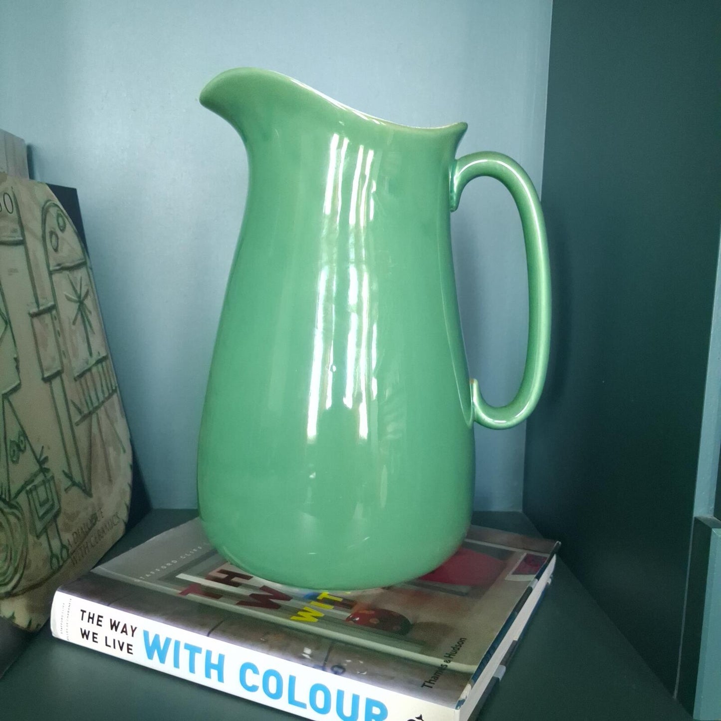 Large vibrant green pottery pitcher