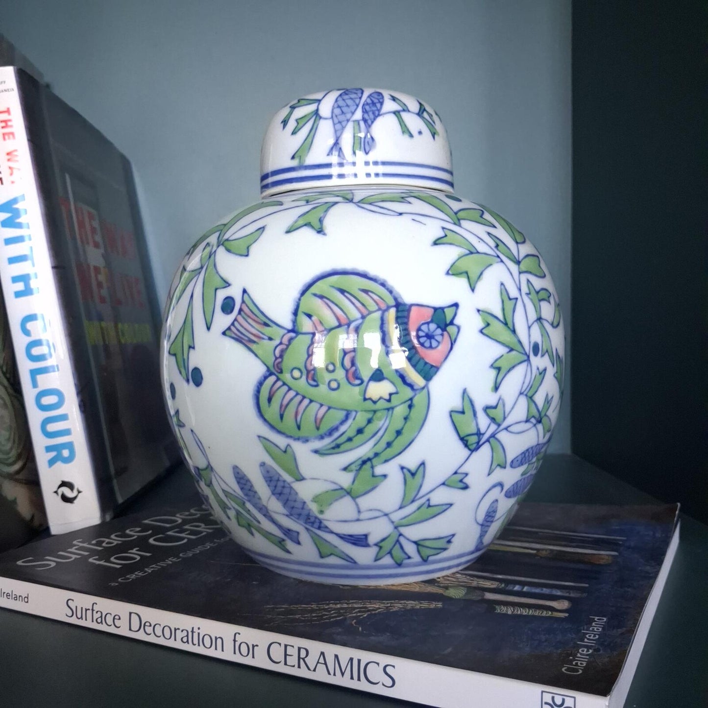 Vintage Fish Motif Porcelain Ginger Jar with Lid Chinoiserie Style