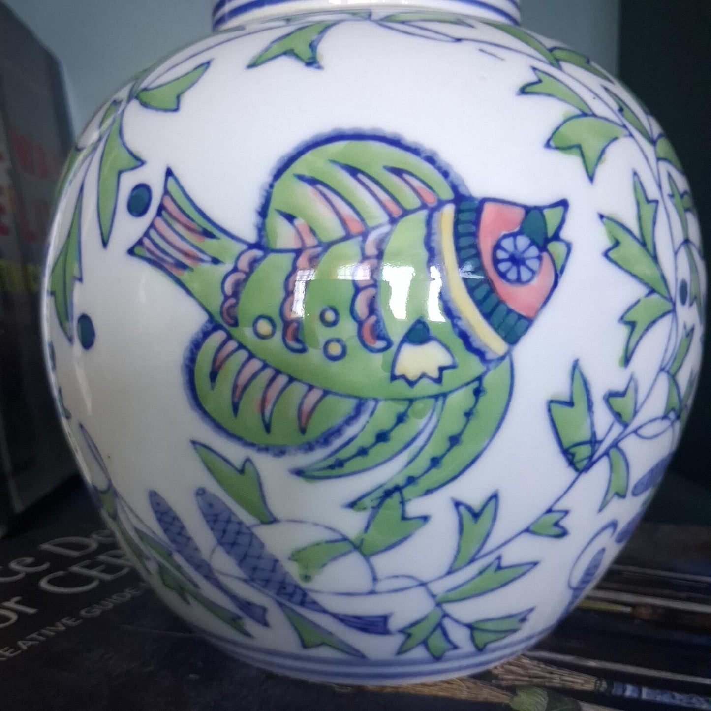 Vintage Fish Motif Porcelain Ginger Jar with Lid Chinoiserie Style