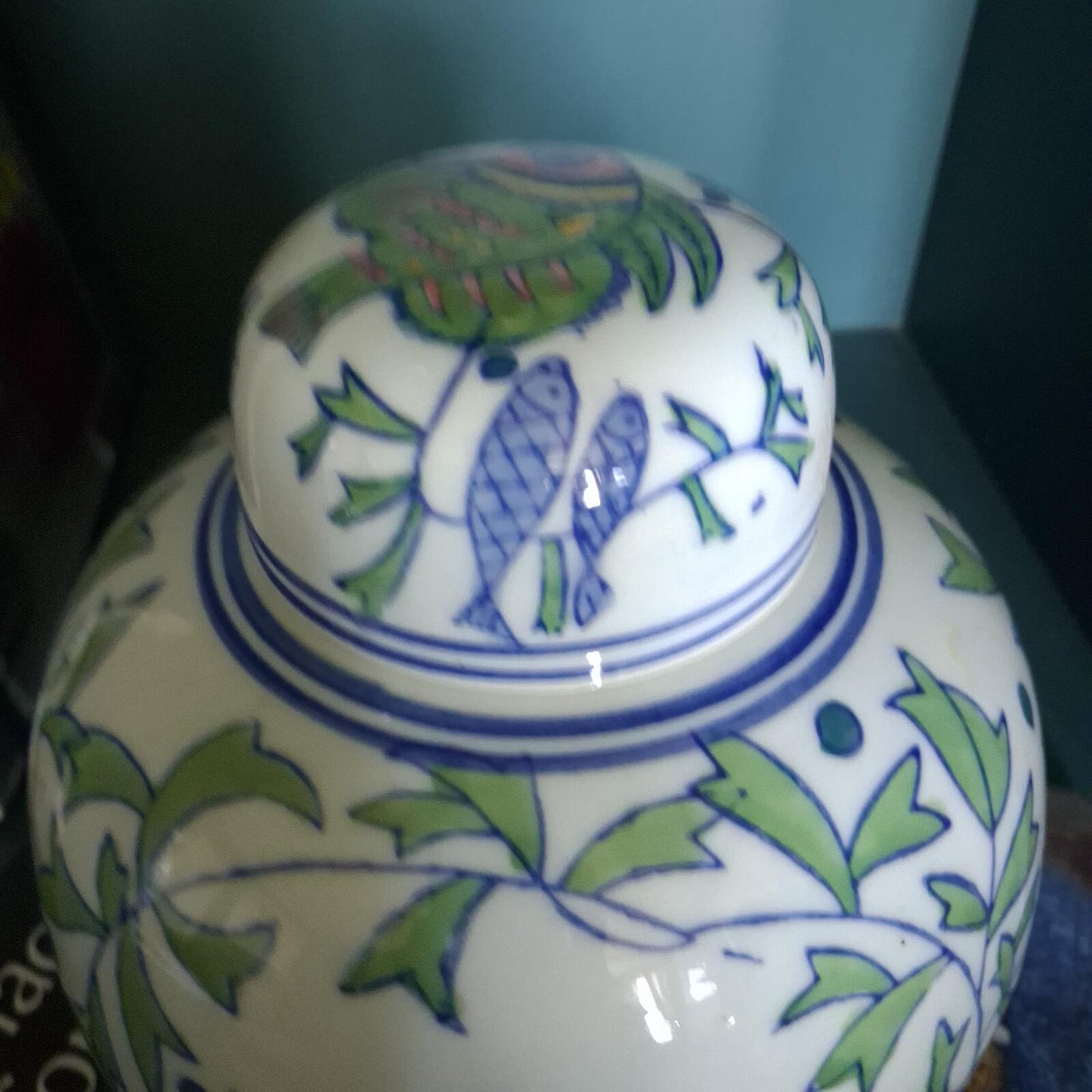 Vintage Fish Motif Porcelain Ginger Jar with Lid Chinoiserie Style