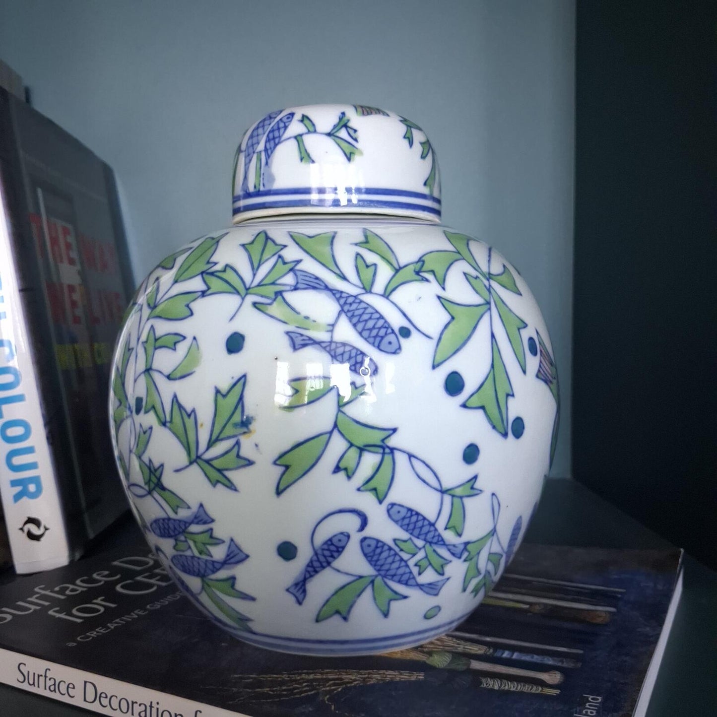 Vintage Fish Motif Porcelain Ginger Jar with Lid Chinoiserie Style