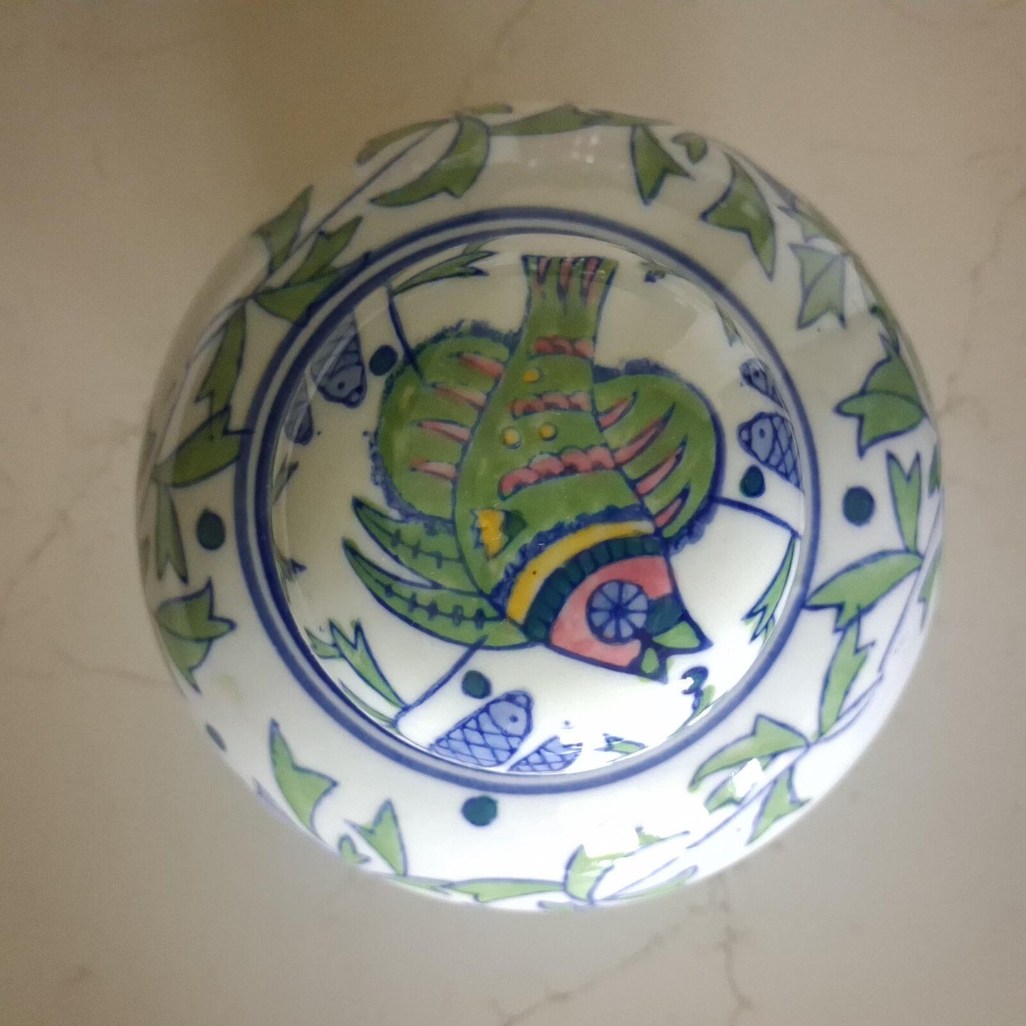 Vintage Fish Motif Porcelain Ginger Jar with Lid Chinoiserie Style