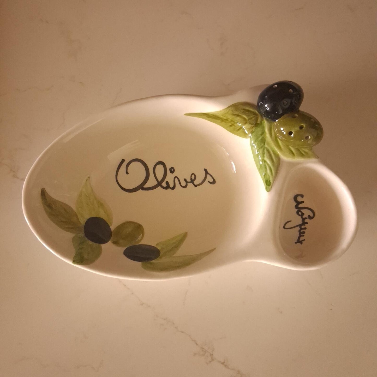Vintage French Ceramic Olive Serving Dish with Pit Pocket & Toothpick Holder