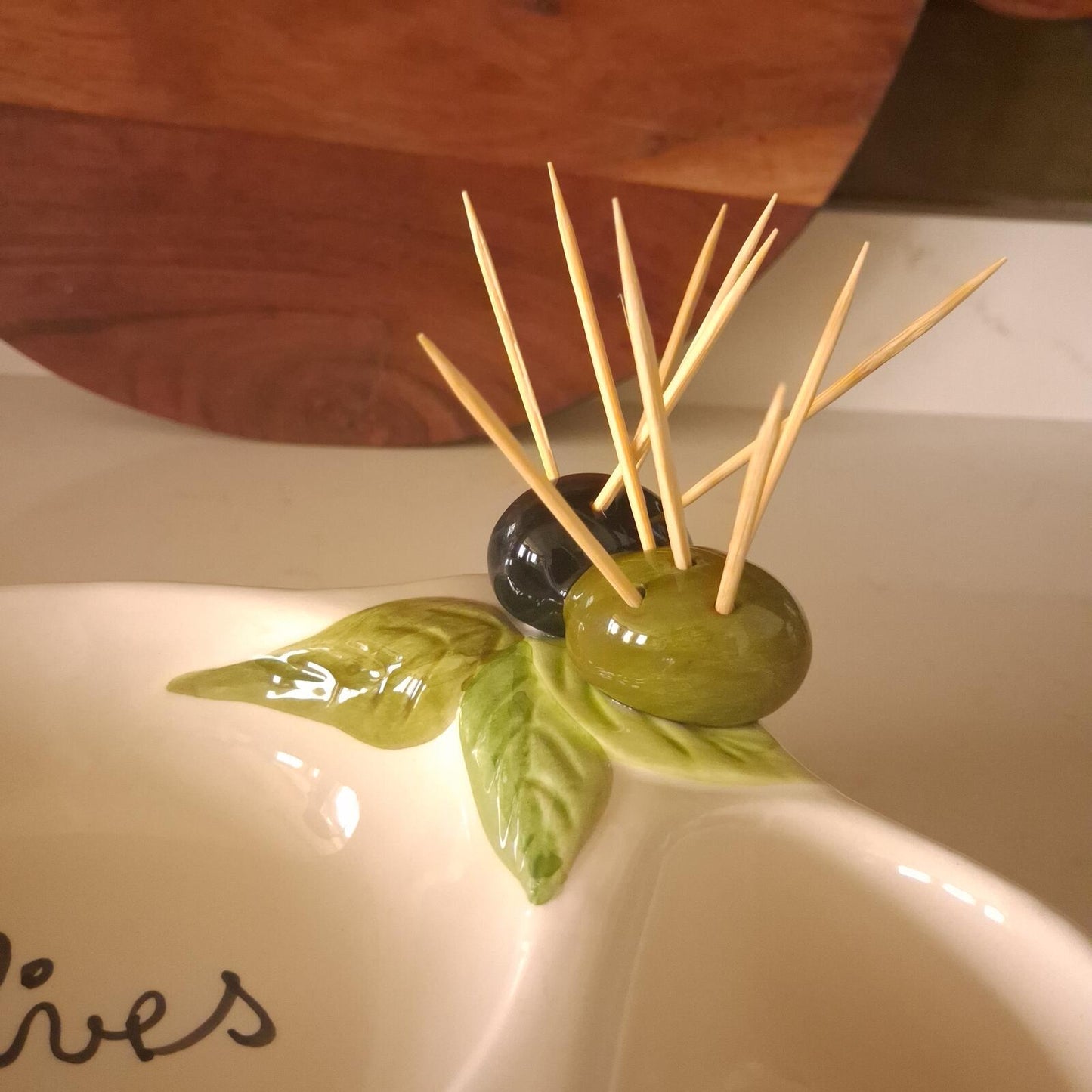 Vintage French Ceramic Olive Serving Dish with Pit Pocket & Toothpick Holder