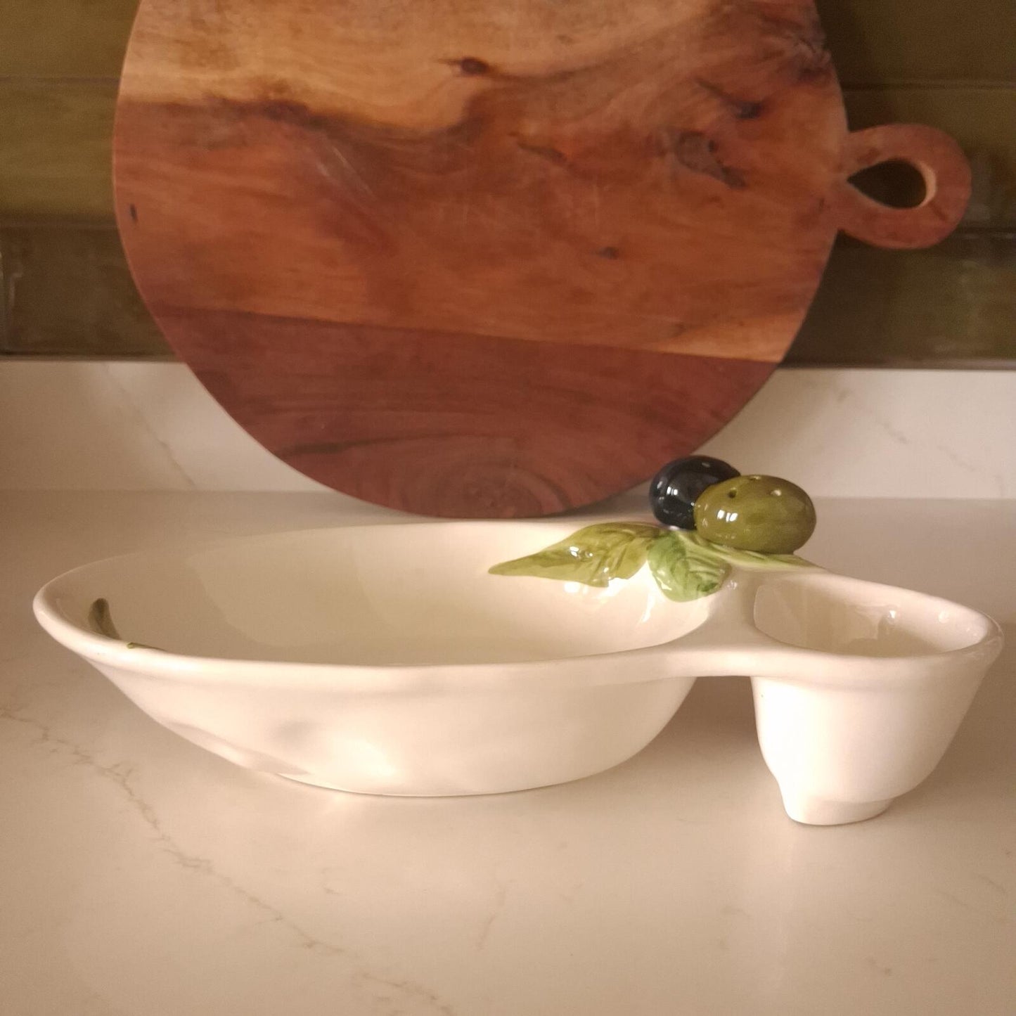 Vintage French Ceramic Olive Serving Dish with Pit Pocket & Toothpick Holder