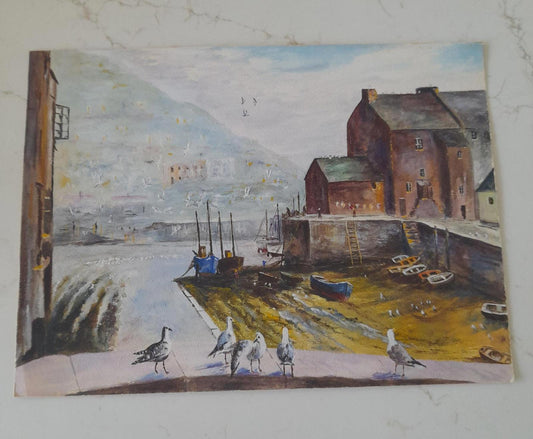 An original painting of a coastal harbor scene by the artist A F Akehurst.
