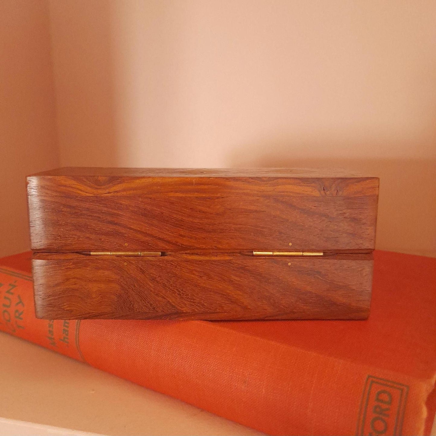 Wooden playing card and dice box with brass inlay