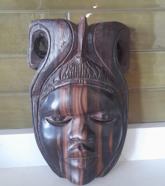 Vintage African handcarved hardwood tribal mask wall hanging