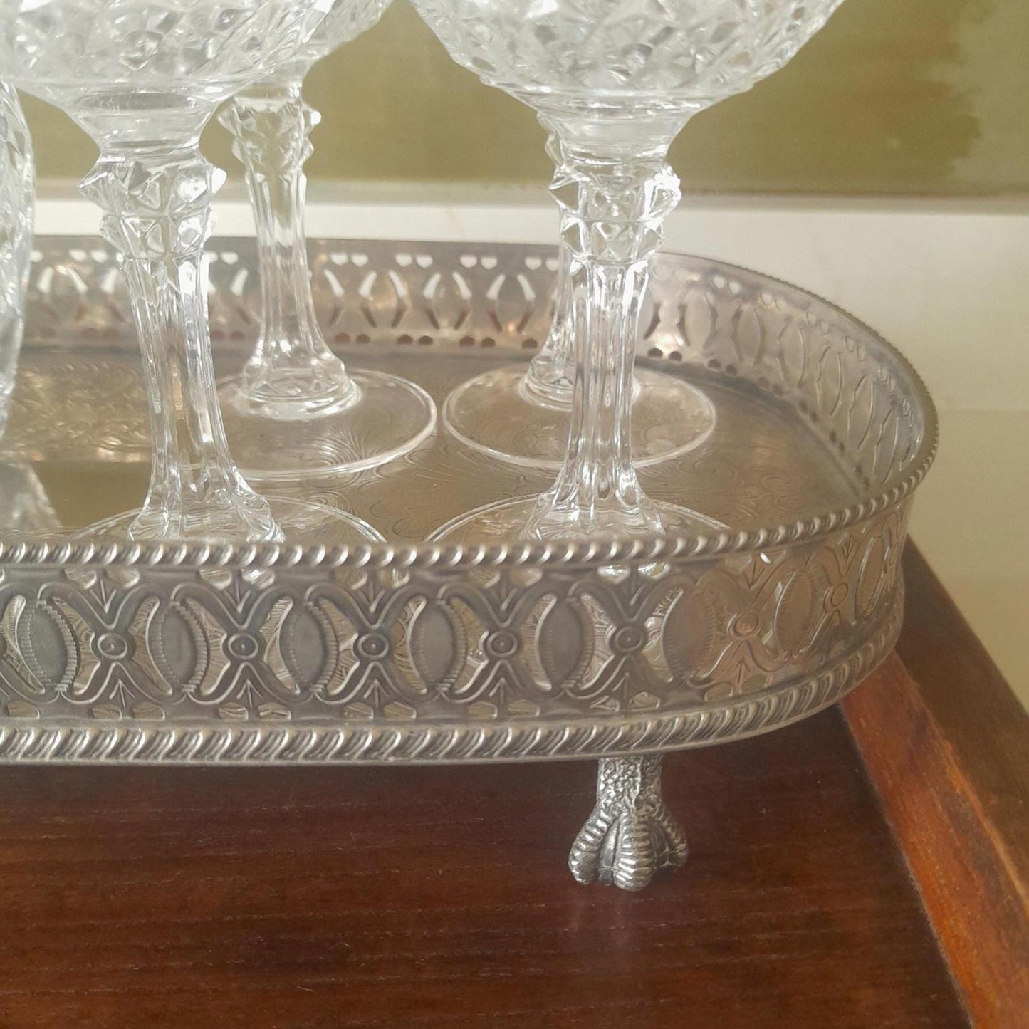 Royal Doulton decanter, longchamp glasses & a silver plated tray.
