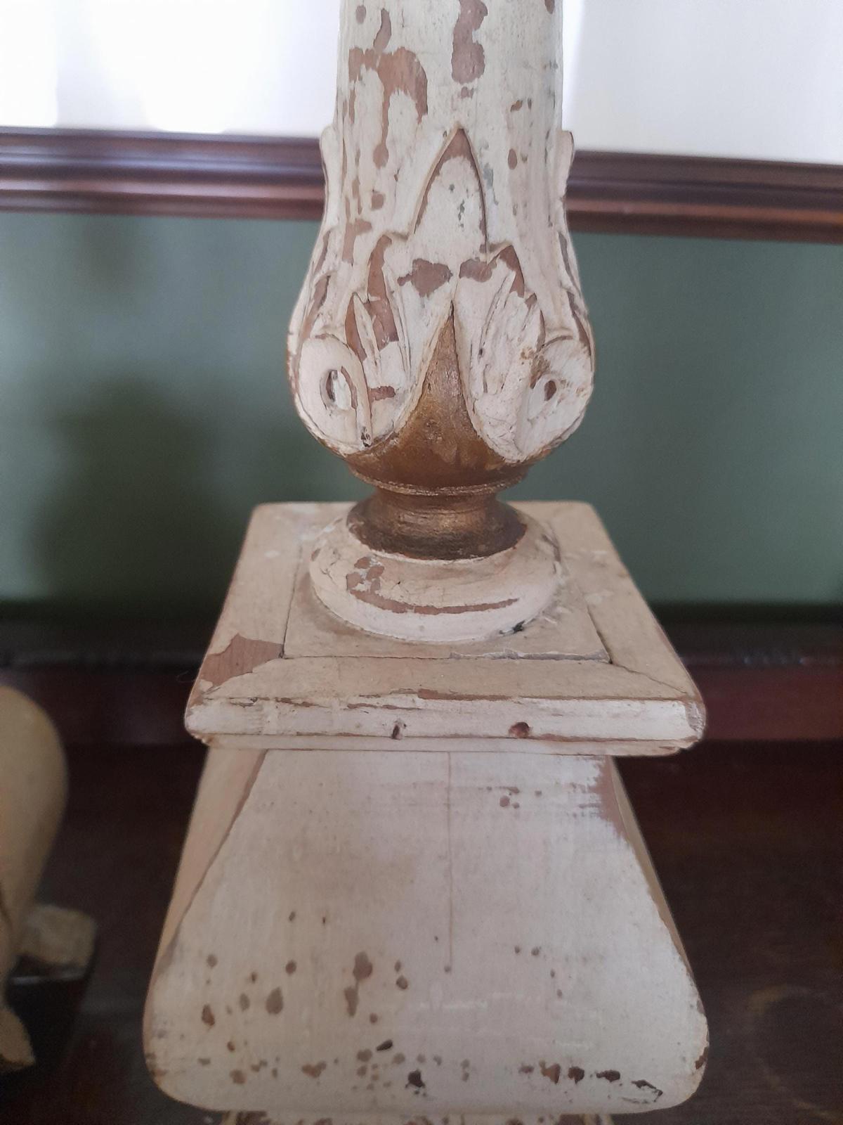 A pair of antique Swedish painted handmade wooden candlesticks c 1870
