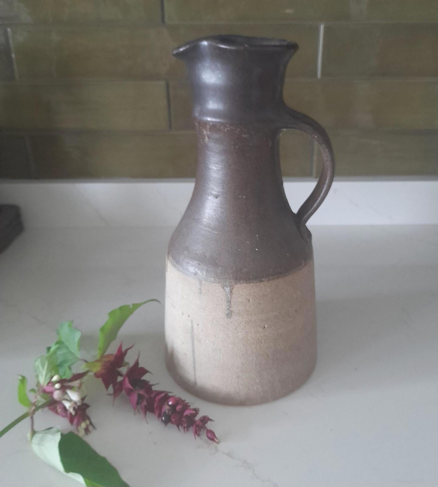 Large two-tone stoneware vase jug with handle