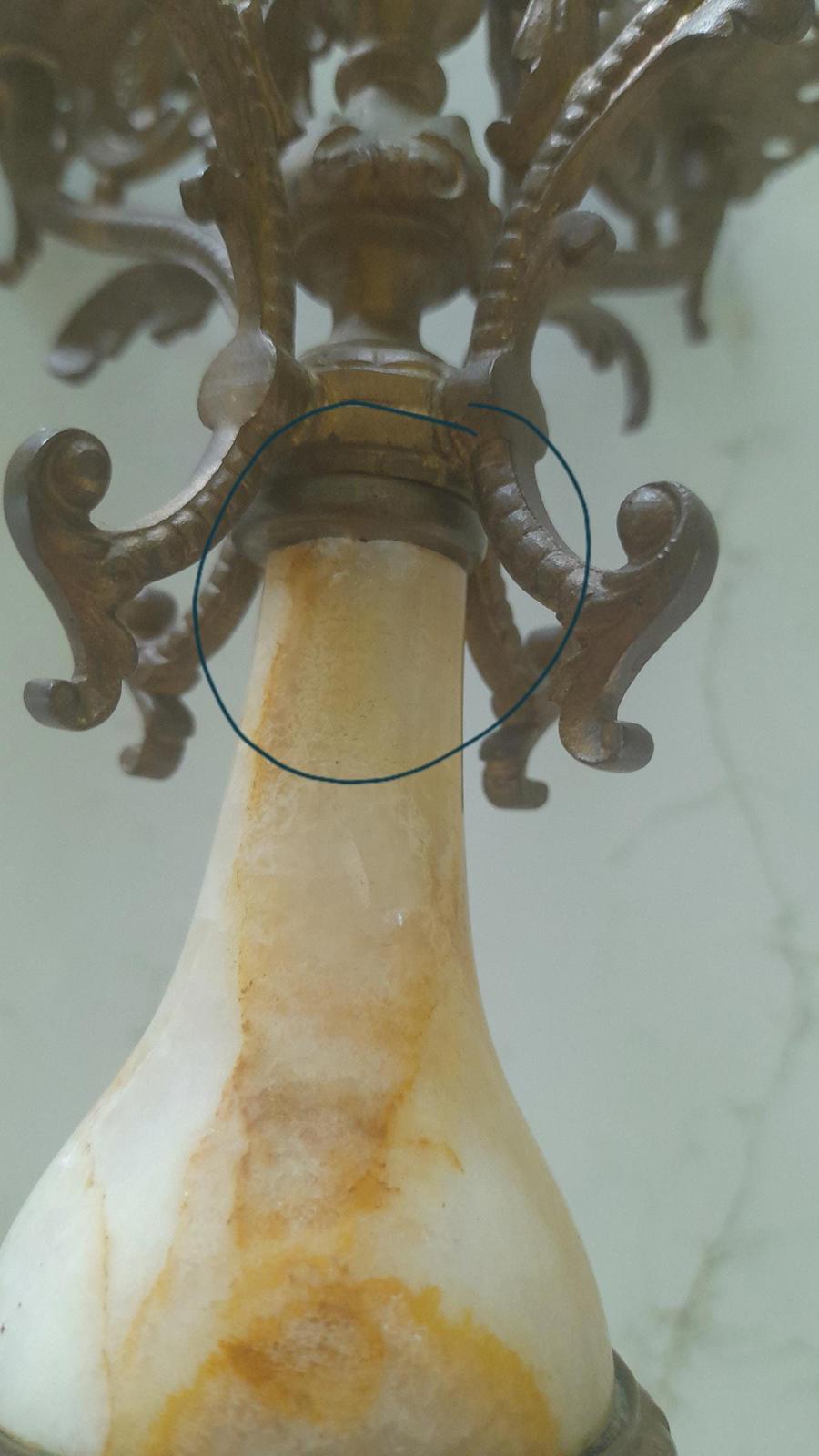 Brass and marble 4 arm candelabra with a central candleholder.