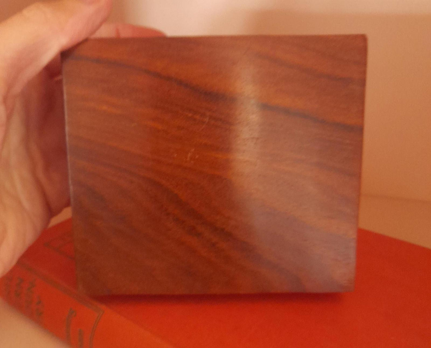 Wooden playing card and dice box with brass inlay