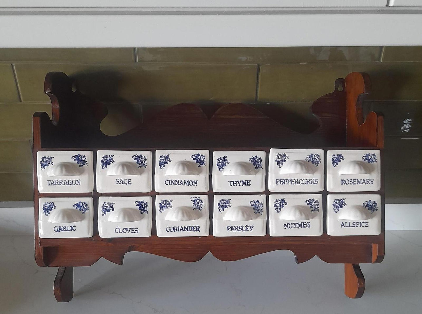 Vintage wooden spice rack with 12 ceramic drawers