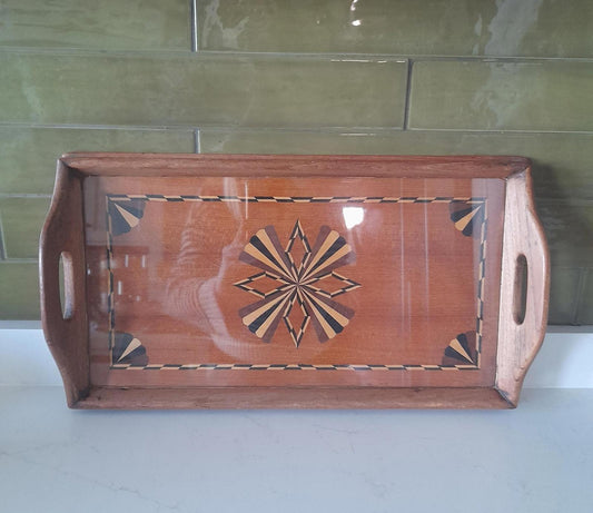 A vintage rectangular marquetry design serving tray