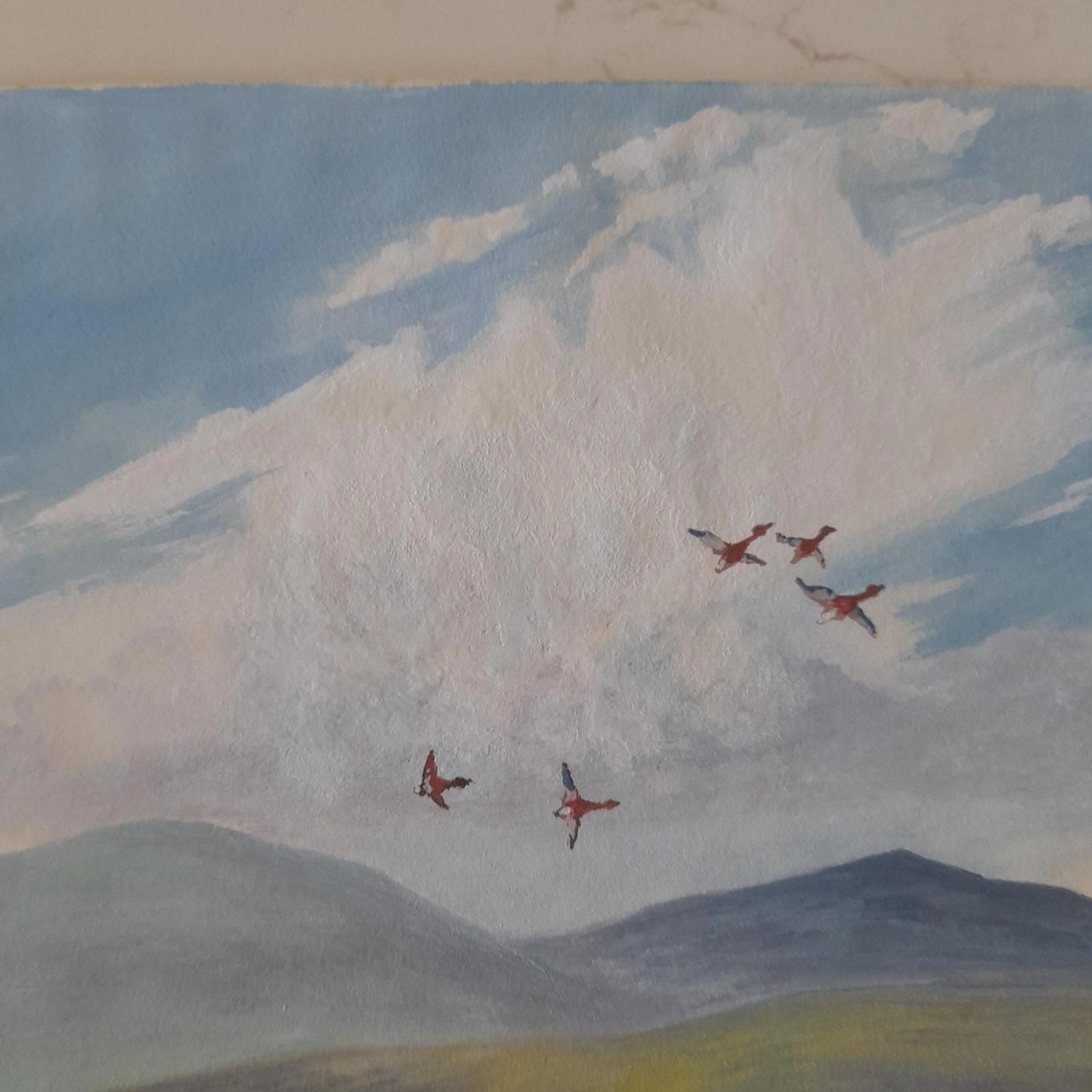An original painting of mallard ducks in flight by the artist A F Akehurst.