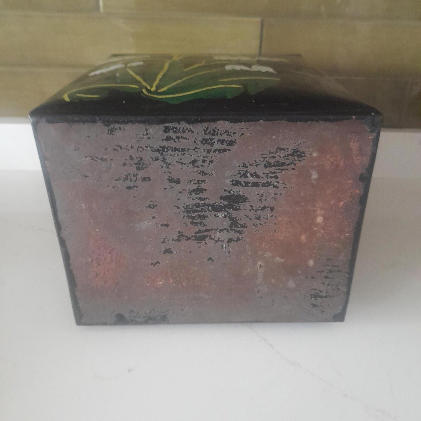 Large metal lidded tin with black lacquered finish hand painted flowers