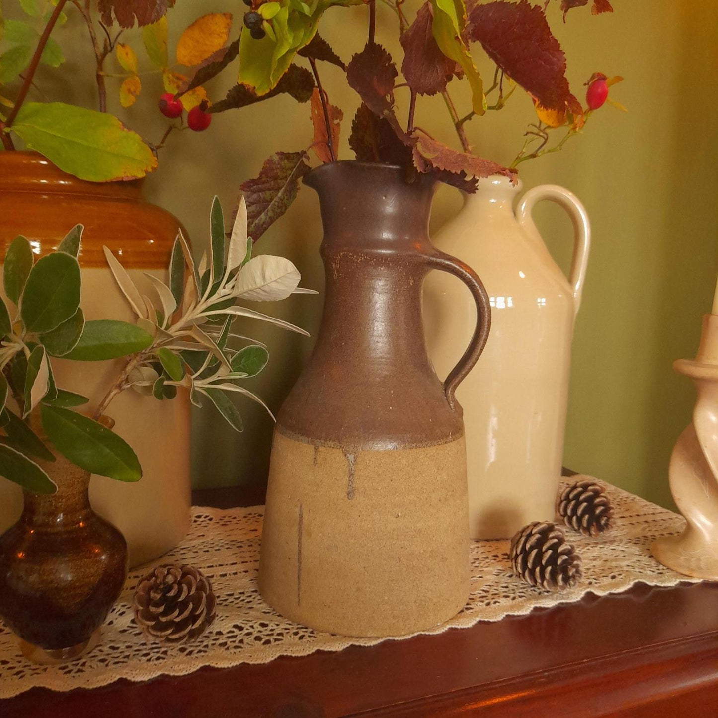 Large two-tone stoneware vase jug with handle