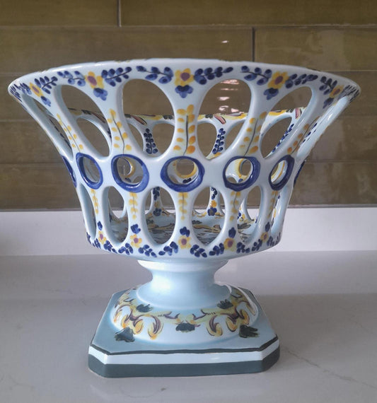 Portuguese ceramic fruit bowl on a pedestal base
