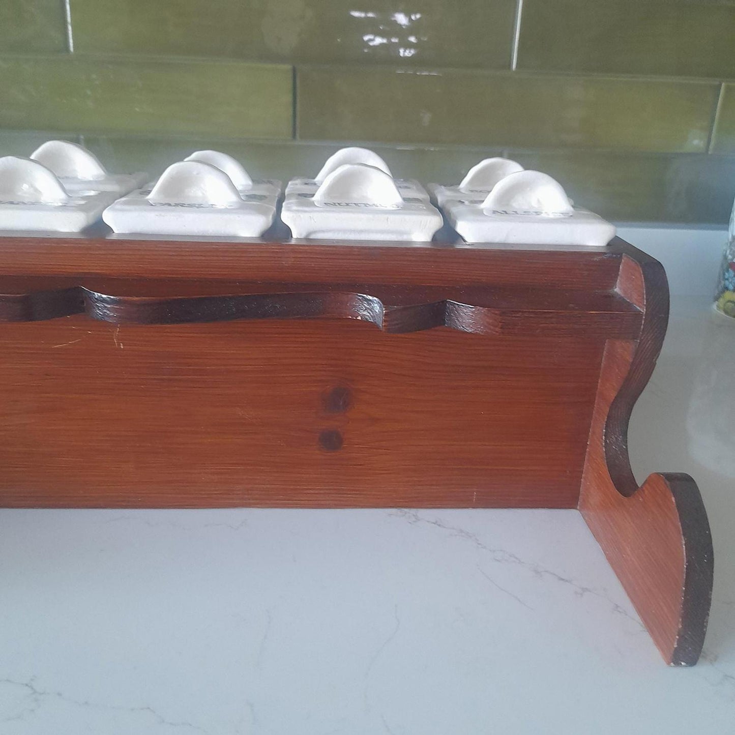 Vintage wooden spice rack with 12 ceramic drawers