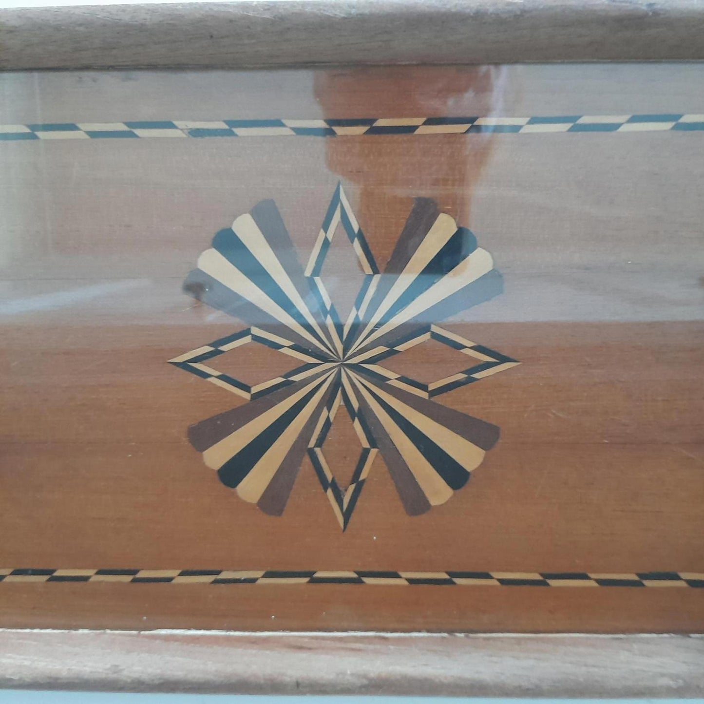 A vintage rectangular marquetry design serving tray