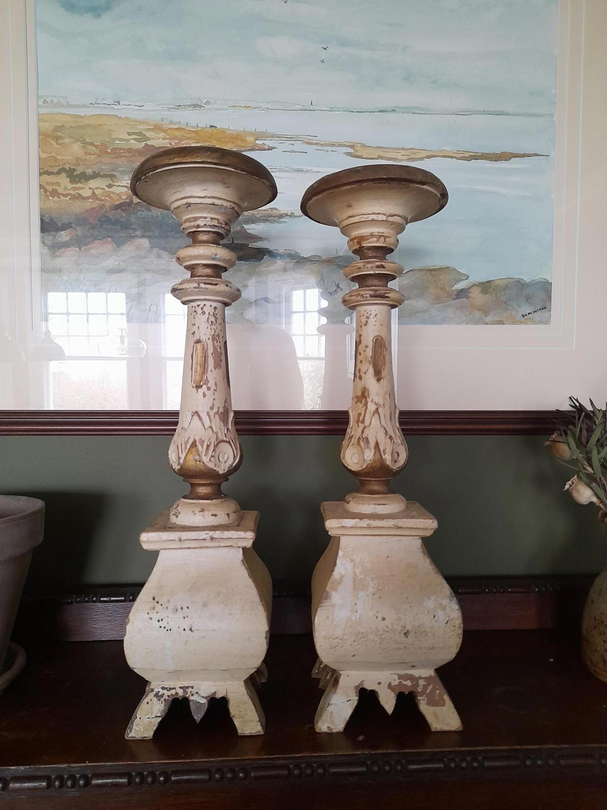 A pair of antique Swedish painted handmade wooden candlesticks c 1870
