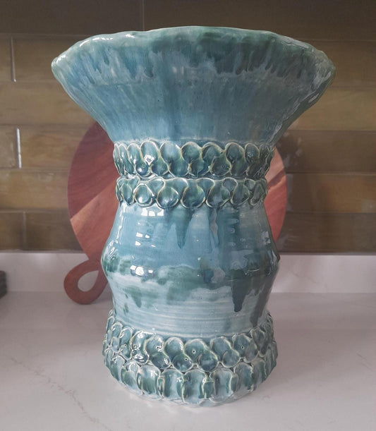 Pitlochry large turquoise pottery vase - glazed