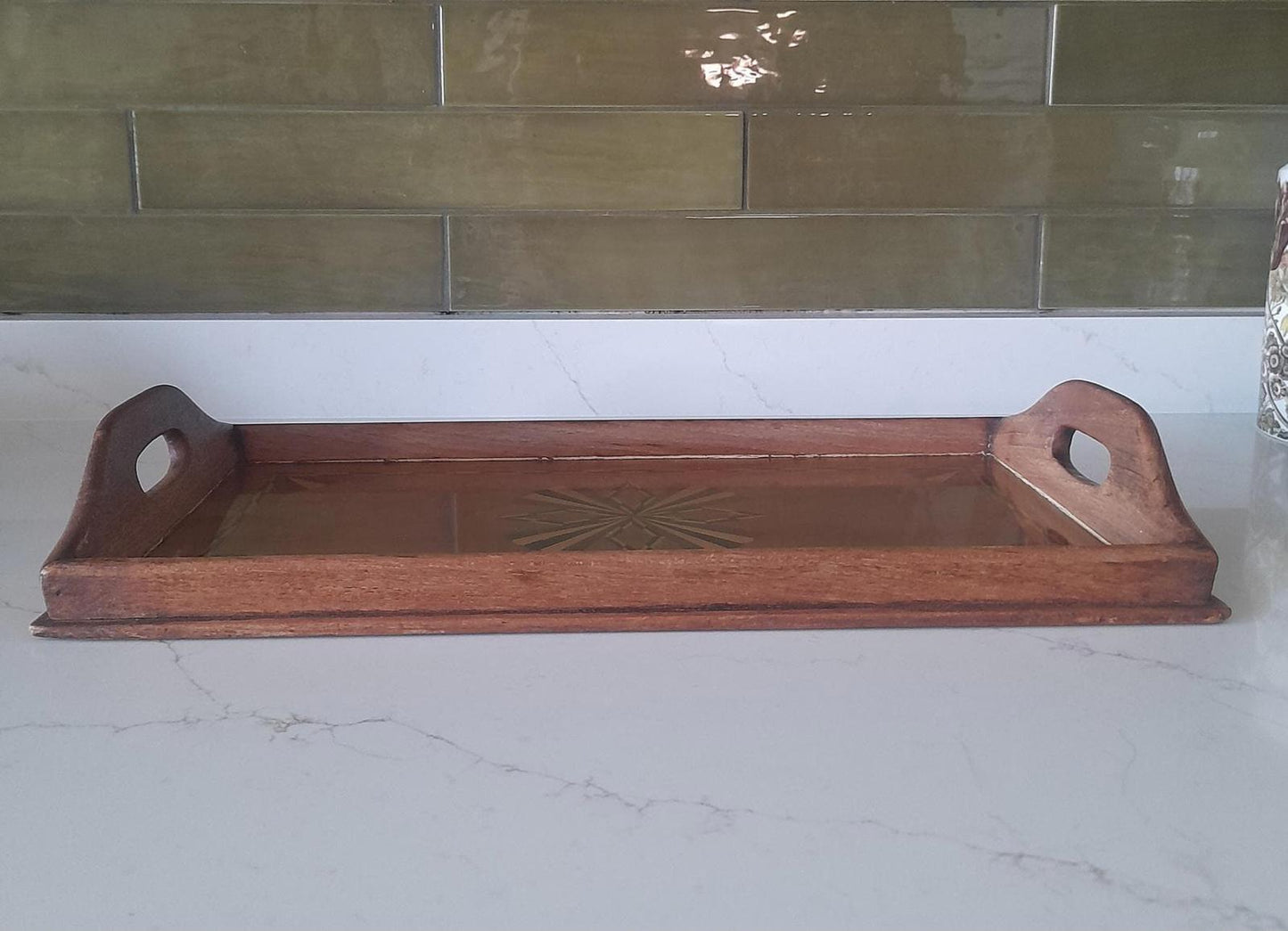 A vintage rectangular marquetry design serving tray