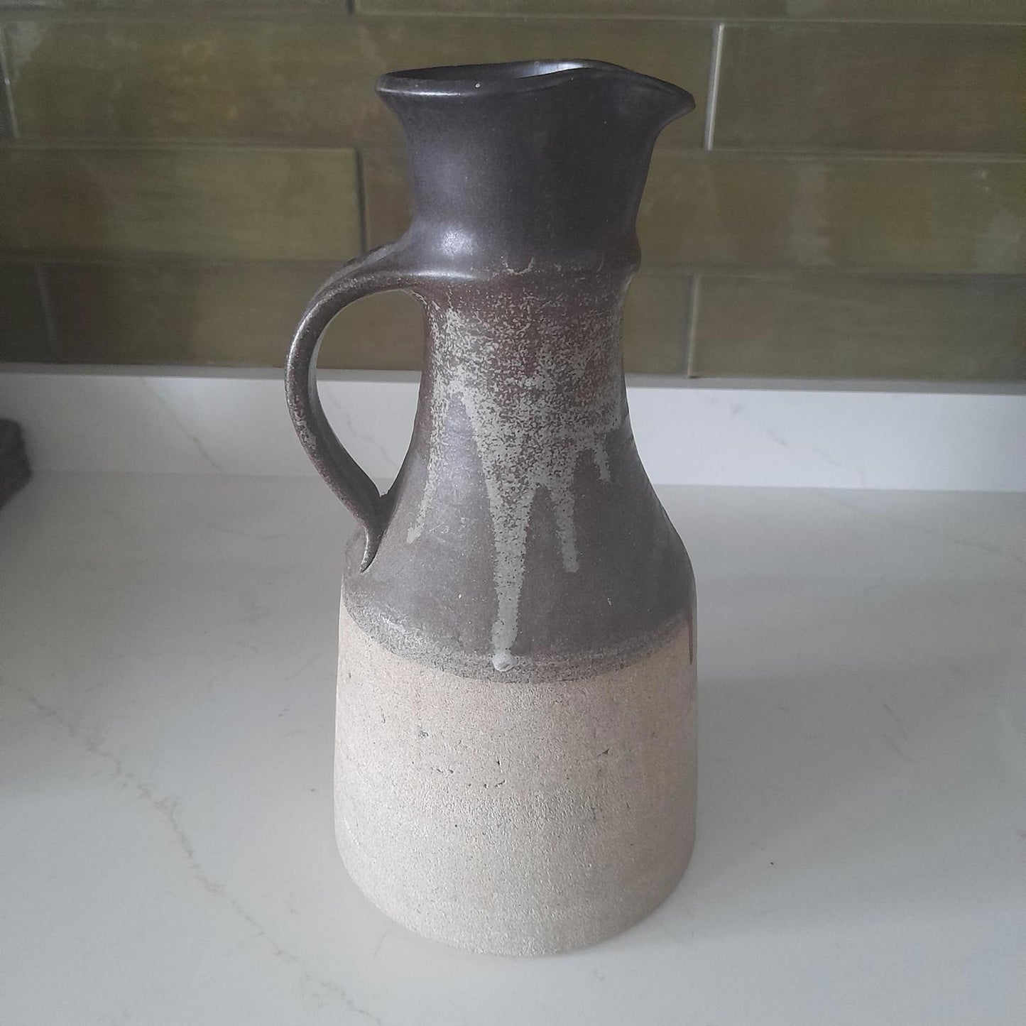 Large two-tone stoneware vase jug with handle