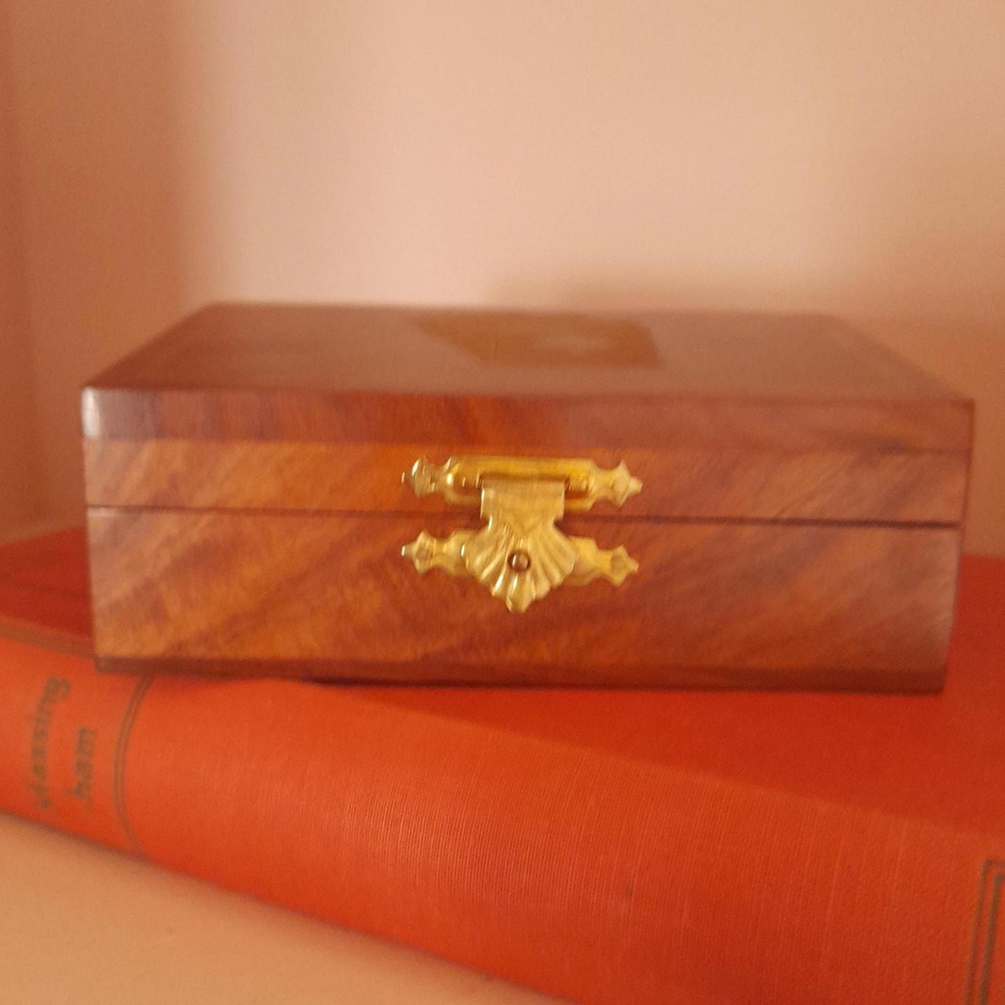 Wooden playing card and dice box with brass inlay